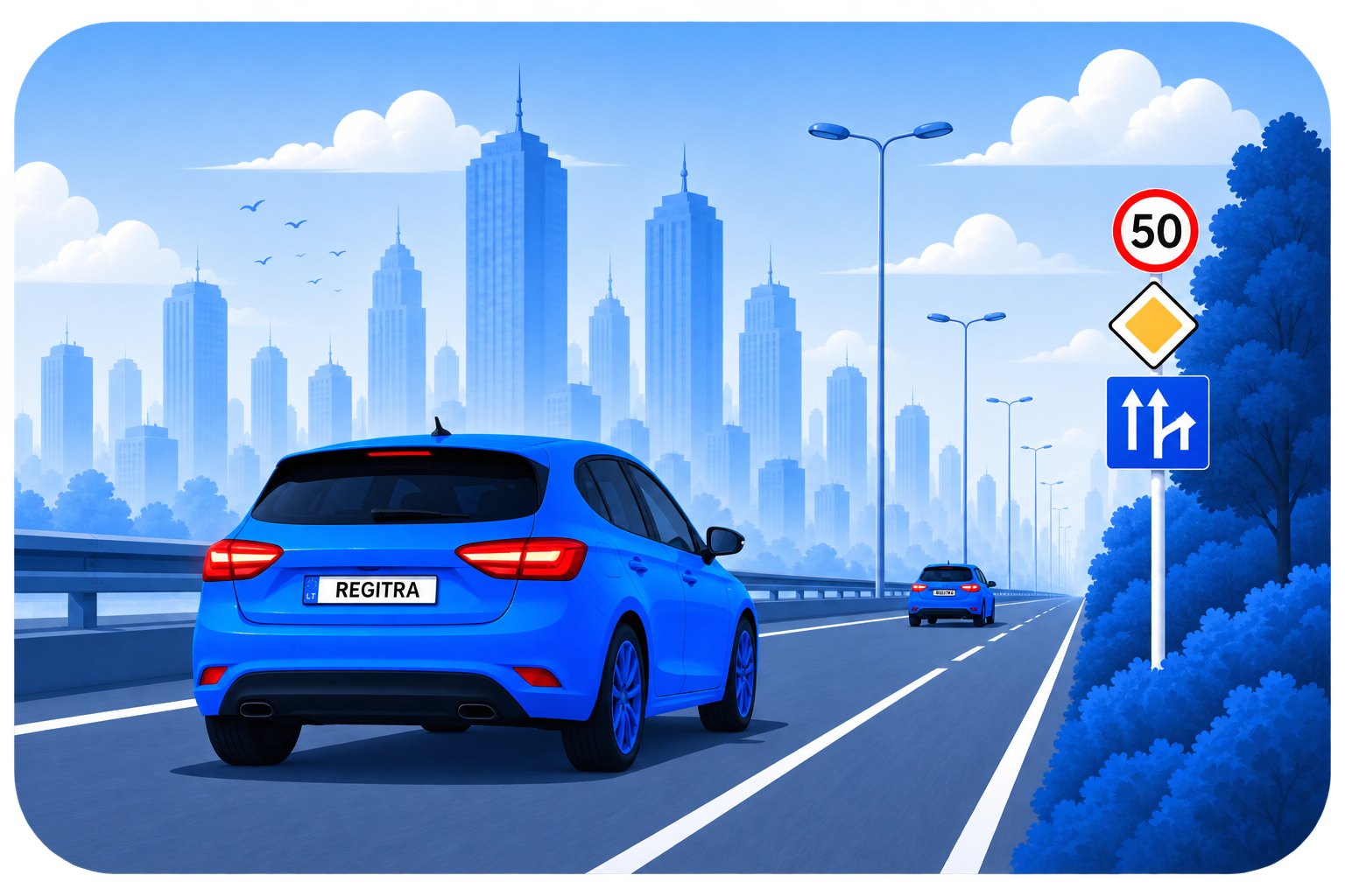 Automobilis kelyje su kelio ženklais